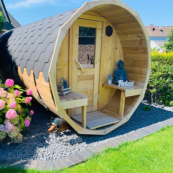 bild 7 top angebot fasssauna 4m fuer 4 pers. bausatz mit vorraum und sitzen außen